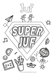Gratis kleurplaat Held Juf/Meester Superbadge Wereldbol Onderwijsberoepen Papieren vliegtuigen