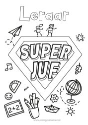 Kleurplaat voor kinderen Held Juf/Meester Superbadge Wereldbol Onderwijsberoepen Papieren vliegtuigen