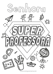 Página de desenho infantil Herói Professora/Professor Emblema super Globo Terrestre Profissões de educação Aviões de papel
