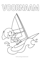 Gratis kleurplaat Sport Meisje Zomer Windsurfen Watersporten Golven