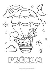 Coloriage à personnaliser Ours Mignon Kawaii Girafe Lapin Véhicules Animal Ourson Arc en ciel Montgolfière Lune Animaux sauvages d'Afrique Animaux de la forêt Véhicules aériens