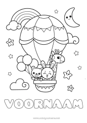 Gratis tekening Beer Schattig Kawaii Giraffe Konijn Voertuigen Dier Knuffelbeer Regenboog Luchtballon Maan Wilde dieren van Afrika Bosdieren Luchtvaartuigen