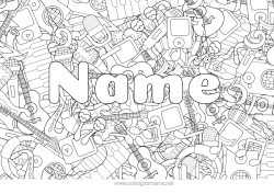 Coloring to customize Decorated name Music Complex coloring pages World Music Day Guitar Piano Musical instruments