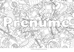Pagină de colorat personalizată Nume decorat Muzică Desene de colorat complexe Sărbătoarea muzicii Chitară Pian Instrumente muzicale