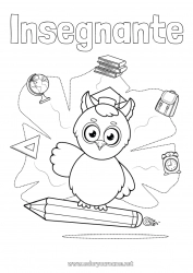 Pagina da colorare per bambini Gufo, Civetta Animale Insegnante Scuola Uccelli e mammiferi volanti Matita Cartella Globo terraqueo Mestieri dell'educazione Cappello da studente Forniture scolastiche Sveglia Squadra