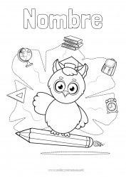 Colorear para personalizar Búho Animales Maestra, Maestro Escuela Aves y mamíferos voladores Lápiz Mochila escolar Globo terráqueo Profesiones de la Educación Toga de estudiante Útiles escolares Despertador Escuadra