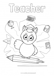 Child coloring page Owl Teacher School Flying birds and mammals Pencil Schoolbag World globe Education Professions Student cap School supplies Alarm clock Square