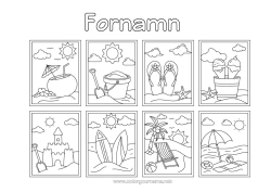 Gratis färgläggning Semester Sommar Barnaktiviteter Gottigheter, sötsaker Glass Symboler Tunga Lätta målarbilder Surfing Hängmatta Sandcastle Parasoll Cocktail Solstol Strandhink Spel och leksaker Vattensporter