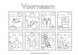 Gratis tekening Vakantie Zomer Activiteiten voor Kinderen Lekkernijen, zoetigheden IJs Symbolen Slippers Eenvoudige kleurplaten Surfen Hangmat Zandkasteel Parasol Cocktail Strandstoel Strandemmertje Spellen en speelgoed Watersporten