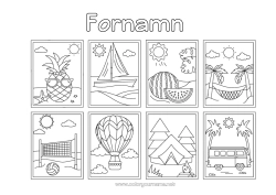 Färgläggningssida att anpassa Semester Sommar Strand Båt Luftballong Ananas Frukter Symboler Hängmatta Skåpbil Camping Vattenmelon Volleyboll Luftfartyg Marina fordon Bilar, skåpbilar och husbilar Lagsporter