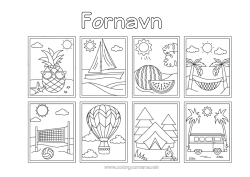 Gratis farvelægning Ferier Sommer Strand Båd Luftballon Ananas Frugter Symboler Hængekøje Vogn Camping Vandmelon Volleyball Luftfartøjer Søfartøjer Biler, varevogne og campingvogne Holdidræt