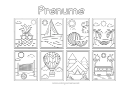 Pagină de colorat personalizată Vacanțe Vara Plajă Barcă Balon cu aer cald Ananas Fructe Simboluri Hamac Furgon Camping Pepene verde Volei Vehicule aeriene Vehicule maritime Mașini, furgonete și autorulote Sporturi de echipă