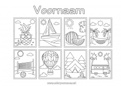 Gratis kleurplaat Vakantie Zomer Strand Boot Luchtballon Ananas Fruit Symbolen Hangmat Van Kamperen Watermeloen Volleybal Luchtvaartuigen Maritieme voertuigen Auto's, busjes en campers Teamsporten