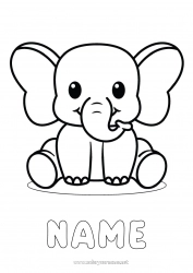 Free coloring Kawaii Elephant Animal Easy coloring pages Wild animals of Africa