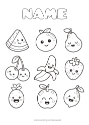 Free coloring Kawaii Cherry Pineapple Fruits Easy coloring pages Strawberry Watermelon Banana Pear Lemon Apple