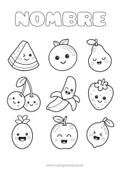 Colorear gratis Kawaii Cereza Piña Frutas Dibujos fáciles para colorear Fresa Sandía Plátano Pera Limón Manzana