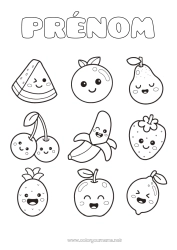 Coloriage gratuit Kawaii Cerise Ananas Fruits Coloriages faciles Fraise Pastèque Banane Poire Citron Pomme