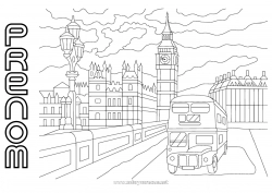 Coloriage gratuit Londres Royaume-Uni Bus, car Transport en commun terrestres