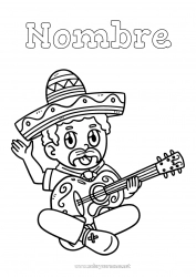 Colorear gratis Música Sombrero México Cinco de Mayo Día Mundial de la Música Guitarra Instrumentos de música Sombrero