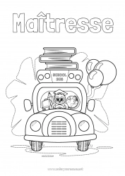 Coloriage enfant Chouette, Hibou Bus, car École Livre Oiseaux et mammifères volants Lecture Crayon Transport en commun terrestres Cartable Globe terrestre Fournitures scolaires