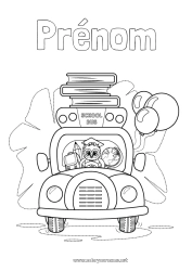 Coloriage gratuit Chouette, Hibou Véhicules Bus, car École Livre Oiseaux et mammifères volants Lecture Crayon Transport en commun terrestres Cartable Globe terrestre Rentrée scolaire Fournitures scolaires