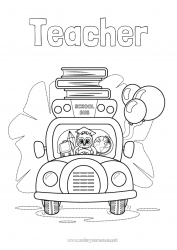 Child coloring page Owl Vehicles Bus, coach School Book Flying birds and mammals Reading Pencil Ground public transport Schoolbag World globe Back to School School supplies