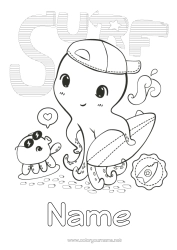 Free colouring Sport Animal Surfing Marine or aquatic animals Water sports Octopus