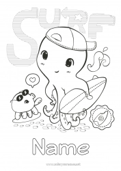 Free coloring Animal Surf Marine or aquatic animals Nautical sports Octopus