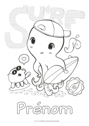 Coloriage gratuit Animal Surf Animaux marins ou aquatique Sports nautiques Pieuvre, poulpe