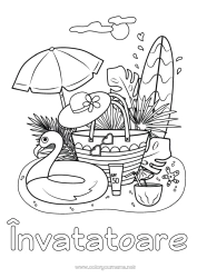 Pagină de colorat pentru copii Vara Plajă Pălărie Simboluri Surf Hibiscus Umbrelă de soare Colac Cocktail Sporturi nautice