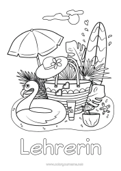 Kostenlose Malvorlage Sommer Strand Hut Symbole Surfen Hibiskus Sonnenschirm Boje Cocktail Wassersport
