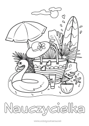 Kolorowanka dla dziecka Lato Plaża Kapelusz Symbole Surfowanie Hibiskus Parasol Bojka Koktajl Sporty wodne