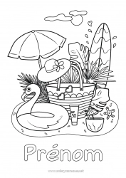 Coloriage à personnaliser Été Plage Chapeau Symboles Surf Hibiscus Parasol Bouée Cocktail Sports nautiques