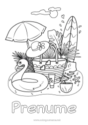 Pagină de colorat pentru copii Vara Plajă Pălărie Simboluri Surf Hibiscus Umbrelă de soare Colac Cocktail Sporturi nautice