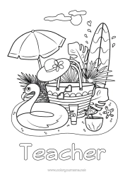Free colouring Summer Beach Hat Symbols Surfing Hibiscus Parasol Buoy Cocktail Water sports