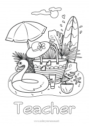 Child coloring page Summer Beach Hat Symbols Surf Hibiscus Parasol, Beach umbrella Buoy Cocktail Nautical sports