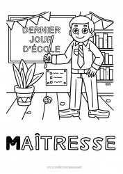 Coloriage enfant Vacances Maîtresse/Maître École Métiers de l'éducation Tableau de classe Salle de classe