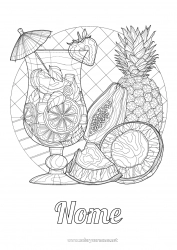 Desenho para personalizar Mandala Abacaxi Frutas Bebida Colorações Complexas Coquetel