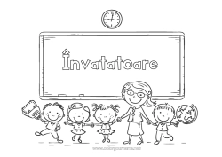 Pagină de colorat pentru copii Copil Învățătoare/Învățător Școală Meserii în educație Întoarcerea la școală Tablă de clasă Sală de clasă Elev