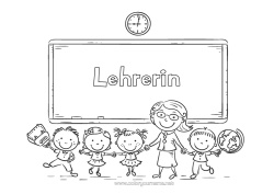 Kostenlose Malvorlage Kind Lehrer/Lehrerin Schule Büroberufe Schulbeginn Klassentafel Klassenzimmer Schüler