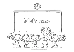 Coloriage enfant Enfant Maîtresse/Maître École Métiers de l'éducation Rentrée scolaire Tableau de classe Salle de classe élève