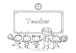 Child coloring page Child Teacher School Education Professions Back to School Class board Classroom Student