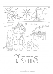 Free coloring Unicorn Beach Animal Surf Dragons, unicorns and fantastic animals Sandcastle Diving Nautical sports