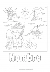 Colorear gratis Sport Unicornio Playa Animales Surf Dragones, unicornios y animales fantásticos Castillo de arena Buceo, zambullida Deportes náuticos