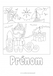 Coloriage gratuit Licorne Plage Animal Surf Dragons, licornes et animaux fantastiques Château de sable Plongée Sports nautiques