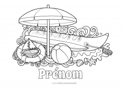 Coloriage gratuit Mer Coloriages complexes Parasol Bouée Ballon de plage Jeux et jouets Sports nautiques