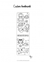 Child coloring page Cute Kawaii Turtle Summer Sea Children's activities Animal Fish Seahorse Crab Bookmark Easy coloring pages Shark Marine or aquatic animals Reptiles Octopus Sea Turtle