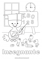 Pagina da colorare per bambini Numero Pulcino Animale Insegnante Scuola Animali da fattoria Mestieri dell'educazione Lavagna scolastica Aula Studente Cappello da studente