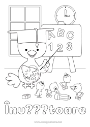 Pagină de colorat pentru copii Număr Pui Animal Învățătoare/Învățător Școală Animale de fermă Meserii în educație Tablă de clasă Sală de clasă Elev Beretă de student