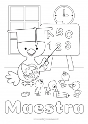 Niño página para colorear Número Pollito Animales Maestra, Maestro Escuela Animales de granja Profesiones de la Educación Pizarra de clase Salón de clases Estudiante Toga de estudiante
